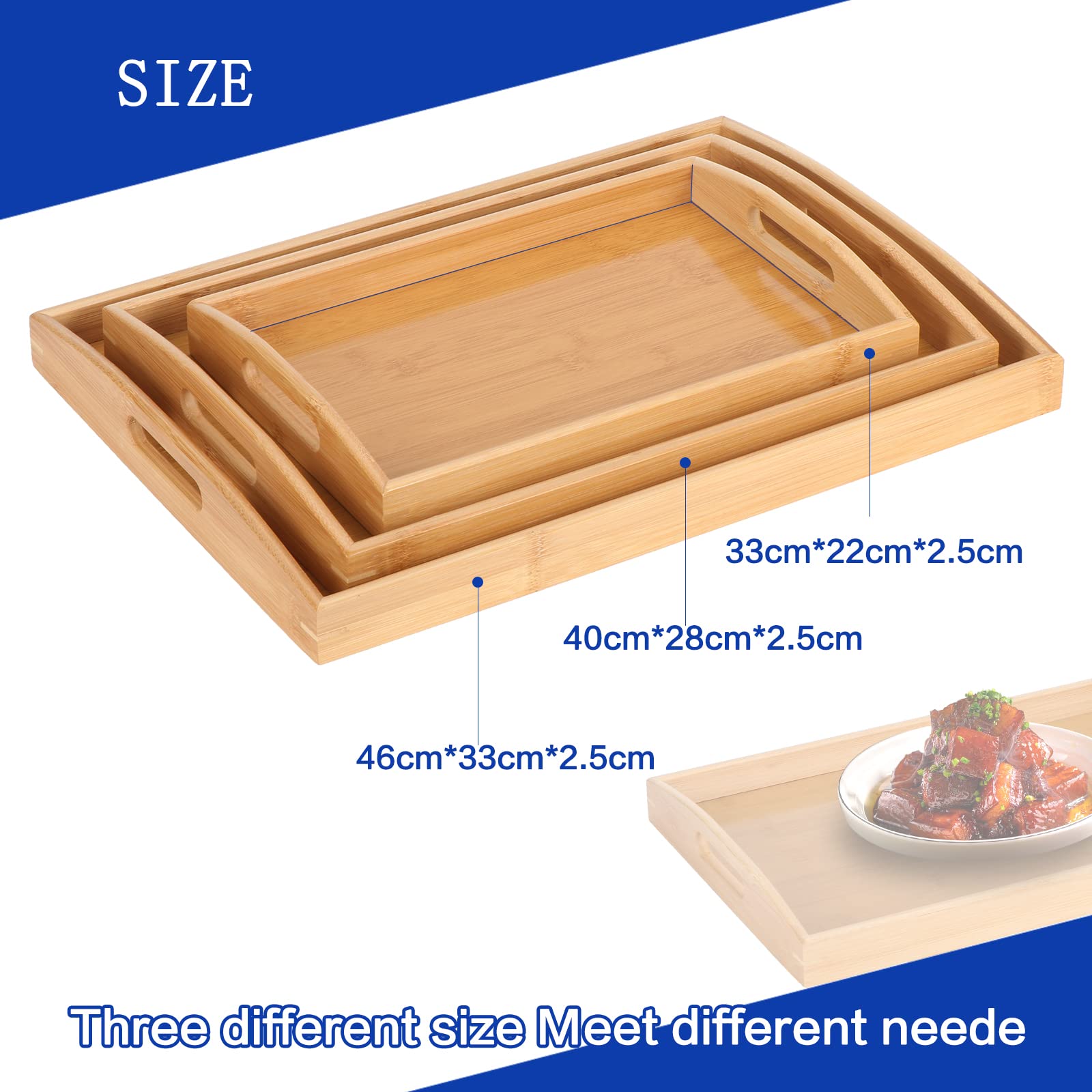 3pcs Wooden Bamboo Serving Trays – Natural Finish (Sizes: 40×28cm, 37×25cm, 33×22cm)