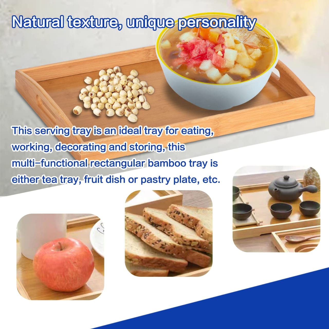 3pcs Wooden Bamboo Serving Trays – Natural Finish (Sizes: 40×28cm, 37×25cm, 33×22cm)