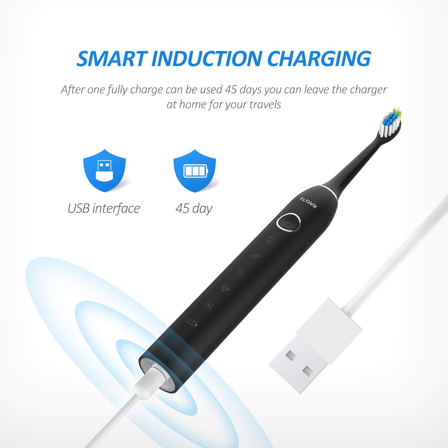Sonic Electric Toothbrush for Adults, USB Rechargeable, 5 Modes, IPX7 Waterproof, Magnisonic OPC-ET500N Sonic Power Electric Toothbrush with 8 toothbrush heads