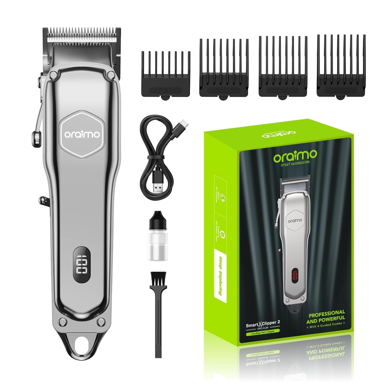Smart Clipper 2 Cordless Trimmer for Men | Full Body Trimmer | Zero Gap Adjustment Blades | 150 Min Runtime | Display for Battery & Speed | Self-Sharpening Blades with 4 Guide Combs (OPC-CL30)