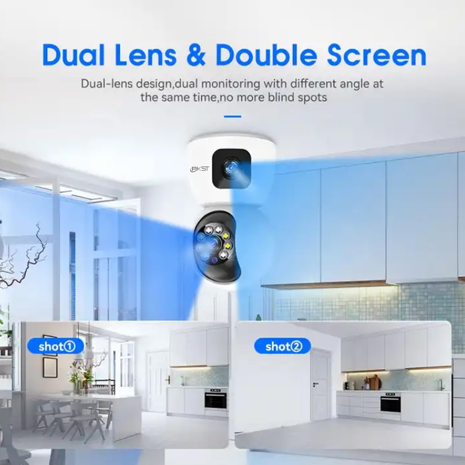 Dual Lens Smart CCTV Camera | WiFi IP Home Security Camera | Double Side View Rotating Pan & Tilt, 2 Way Talk Auto Tracking Motion Detection Indoor CCTV IP Camera
