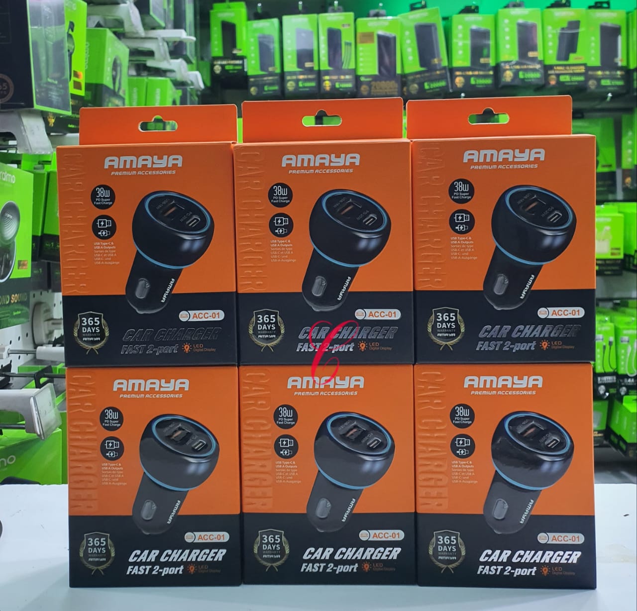 Amaya ACC-01 38W fast 2 port car charger with LED digital display