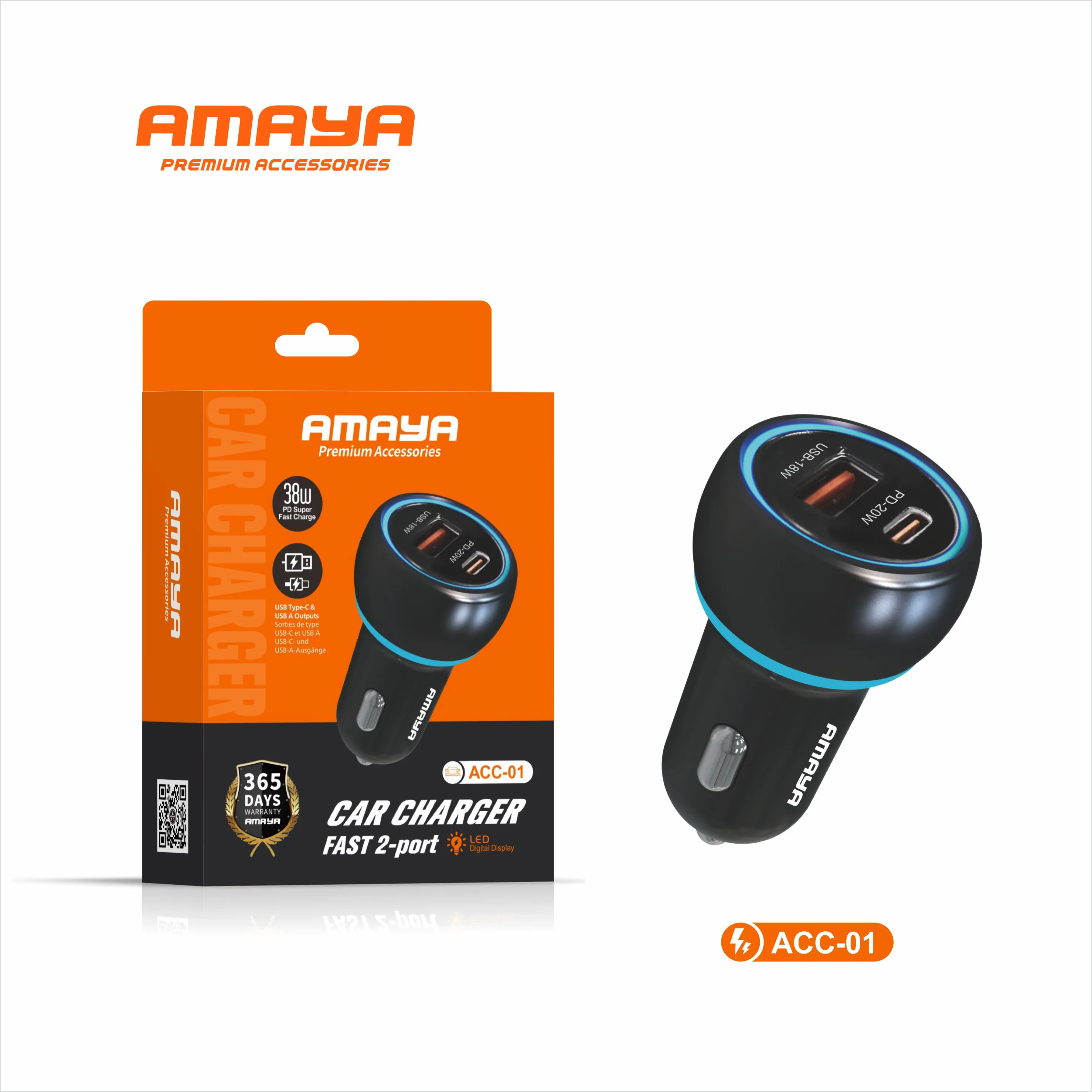 Amaya ACC-01 38W fast 2 port car charger with LED digital display