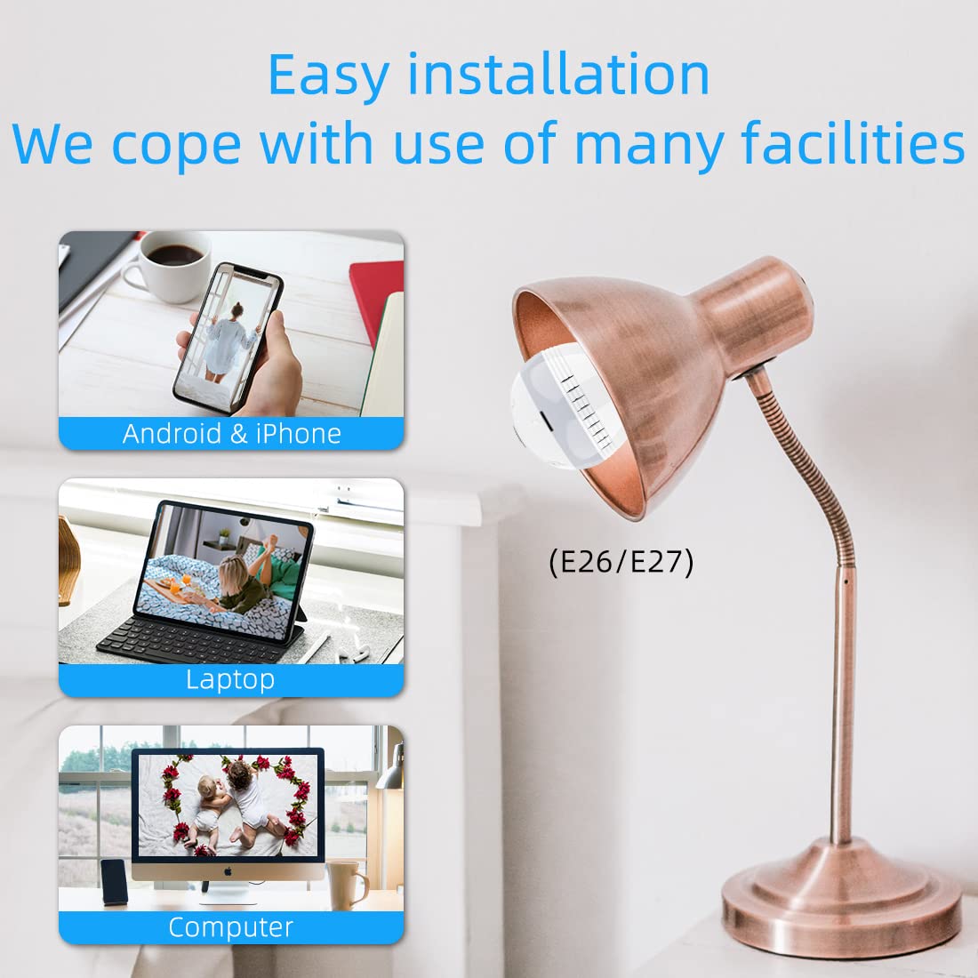 1080P Light Bulb Camera, 360 Degrees Camera 2.4GHz Wi-Fi Security Camera, Home Wireless Camera with Night Vision/Alarm/Motion Detection