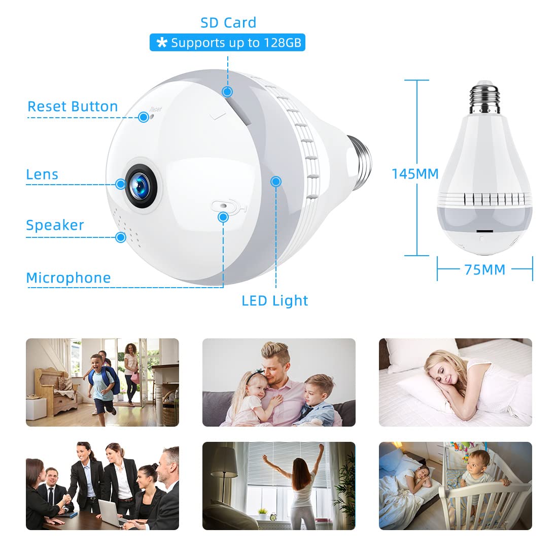 1080P Light Bulb Camera, 360 Degrees Camera 2.4GHz Wi-Fi Security Camera, Home Wireless Camera with Night Vision/Alarm/Motion Detection