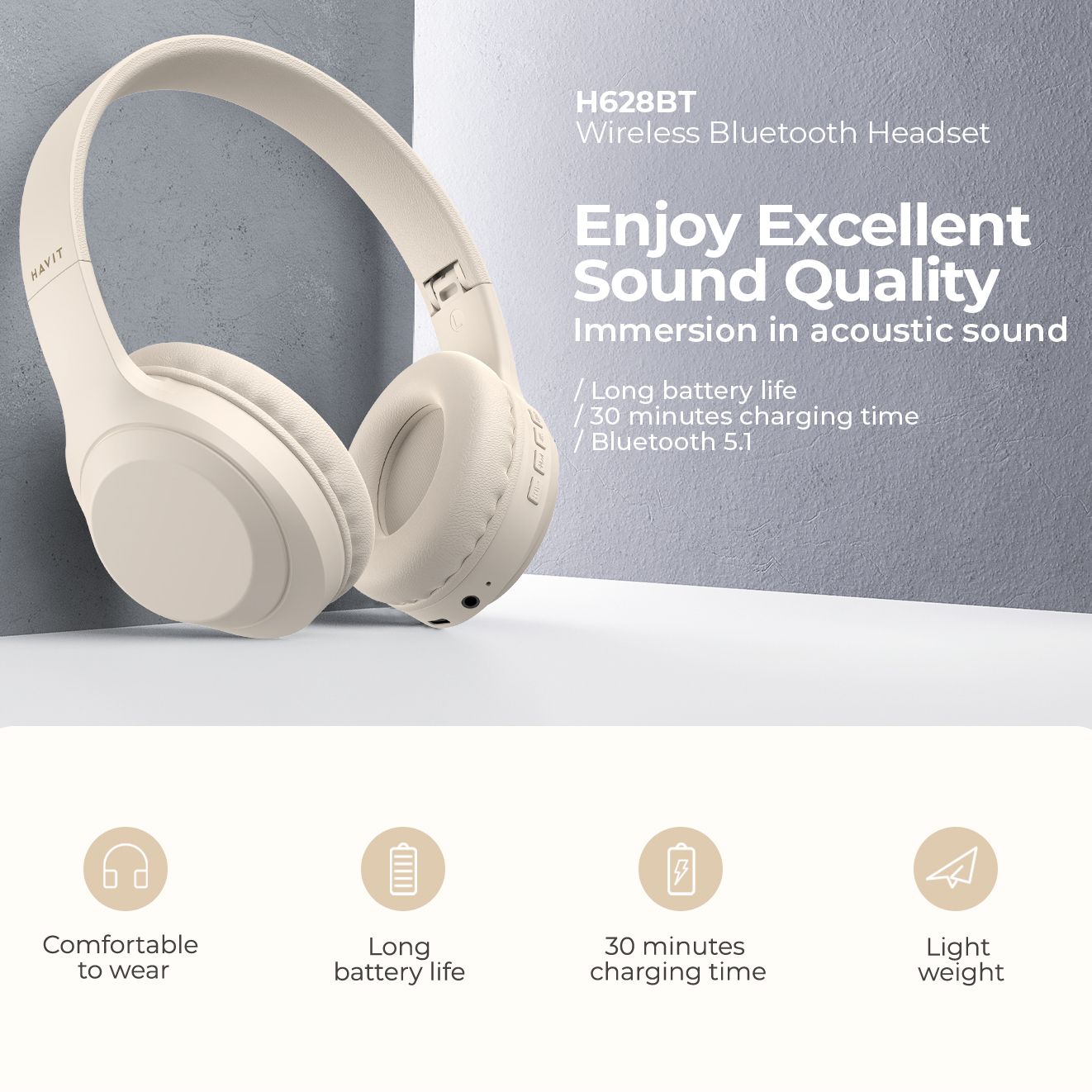Havit H628BT Wireless Headphone Stereo Foldable Headset Earphone Over-head Wireless Headphones for Indoor Outdoor