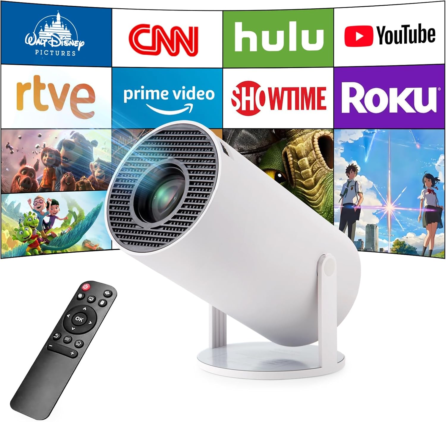 Mini Projector,HY300 Pro Smart Projector,4K Projector with Wifi 6 and Bluetooth 5,Portable Projector with Android 13, Automatic Keystone Correction,180 Degree,130 Inch Display