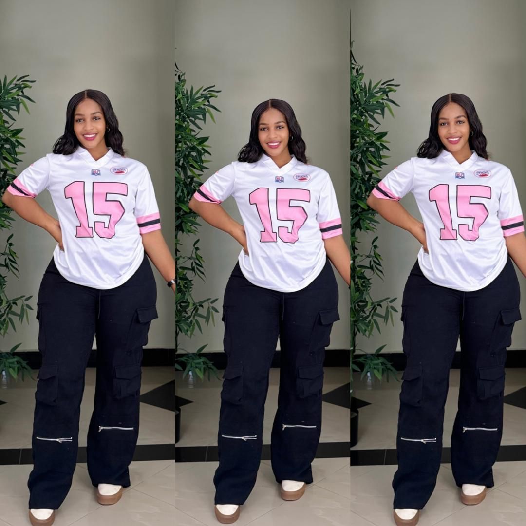 Ladies Casual Style,Ladies two piece – White Logo T-Shirt with Black Cargo Pants – Trendy & Comfortable Two-Piece Outfit for College, Outings, or Daily Wear – Relaxed Fit with Utility Vibes