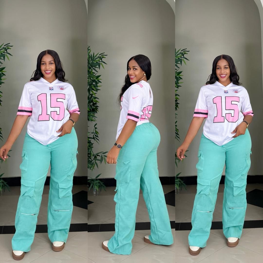 Ladies Casual Style,Ladies two piece – White Logo T-Shirt with Black Cargo Pants – Trendy & Comfortable Two-Piece Outfit for College, Outings, or Daily Wear – Relaxed Fit with Utility Vibes