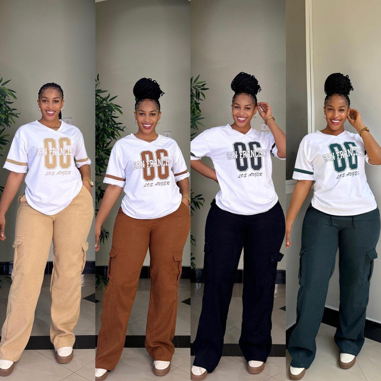 Ladies Casual Style,Ladies two piece – White Logo T-Shirt with Black Cargo Pants – Trendy & Comfortable Two-Piece Outfit for College, Outings, or Daily Wear – Relaxed Fit with Utility Vibes