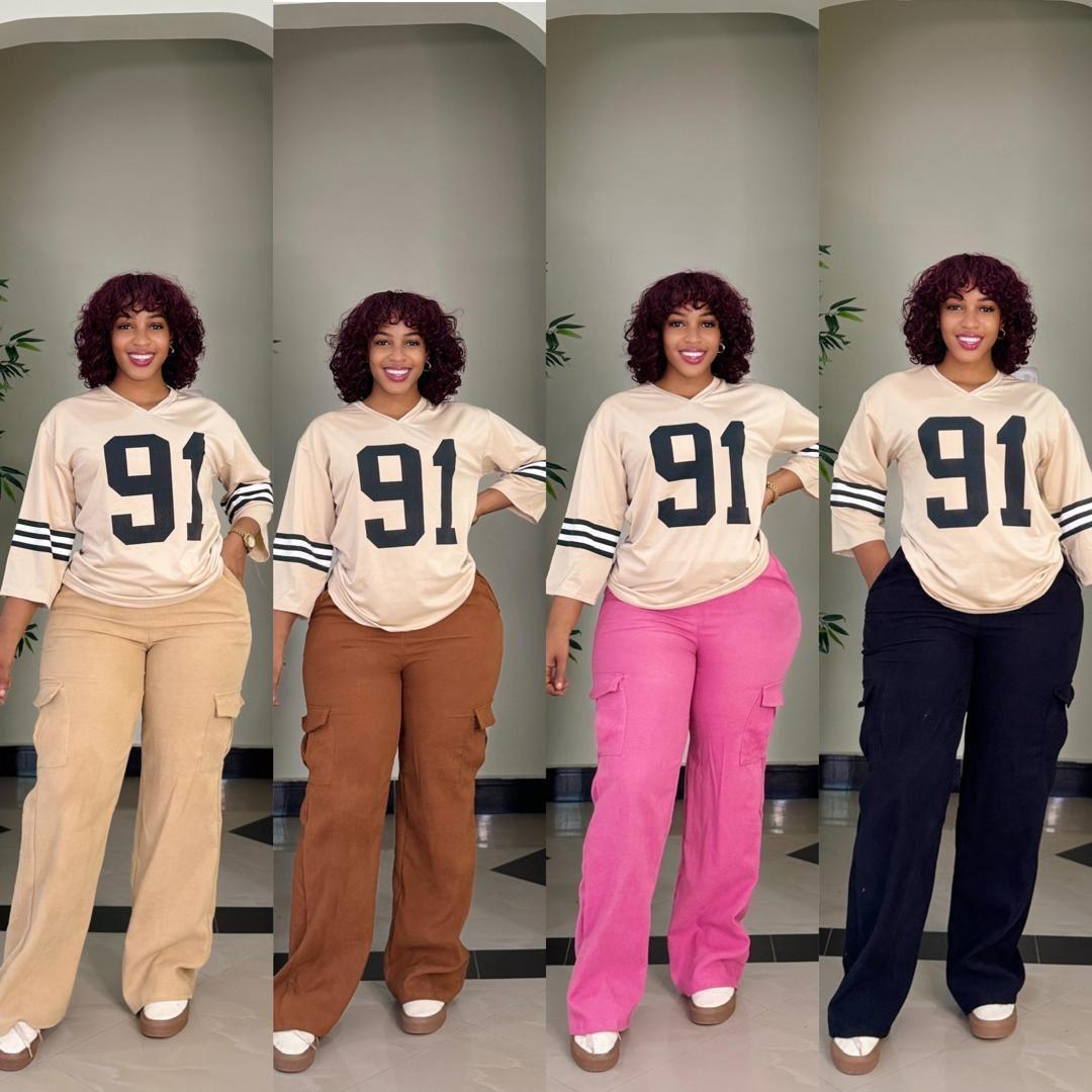 Ladies Casual Style,Ladies two piece – White Logo T-Shirt with Black Cargo Pants – Trendy & Comfortable Two-Piece Outfit for College, Outings, or Daily Wear – Relaxed Fit with Utility Vibes