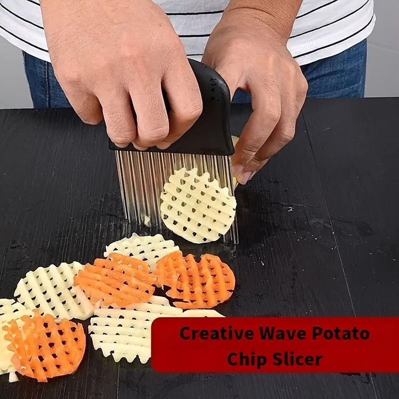 1pc, Crinkle Cutter, Wavy Chopper Knife, Upgraded Stainless Steel Crinkle Blade, Safety Kitchen French Fry Chip Cutter, Wavy Slicer for Fruit Vegetable Salad Carrot Potato Fries, Kitchen Tools