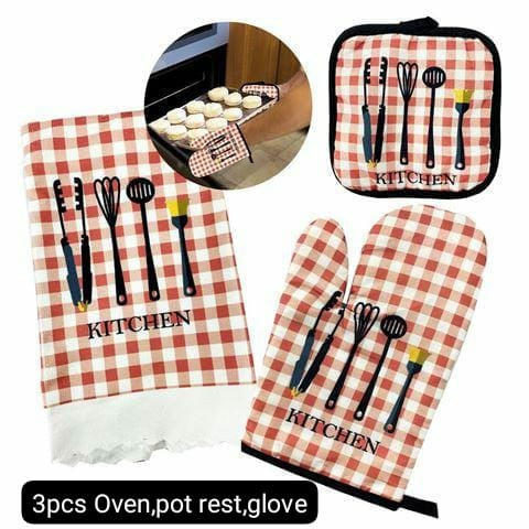 3pcs Kitchen glove set, Potholders Pad, pot rest and Stove Oven Gloves Set Mitts, kitchen mitten set, kitchen sufuria holder set, Heat Resistant Thermal Anti-heat Take Hot Pot Cooking Baking Gloves