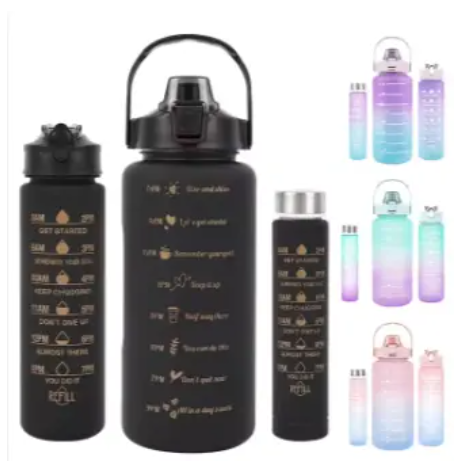 4 in 1 Motivational Water Bottles - the perfect set for staying hydrated and motivated throughout the day This set includes three bottles each made of high quality