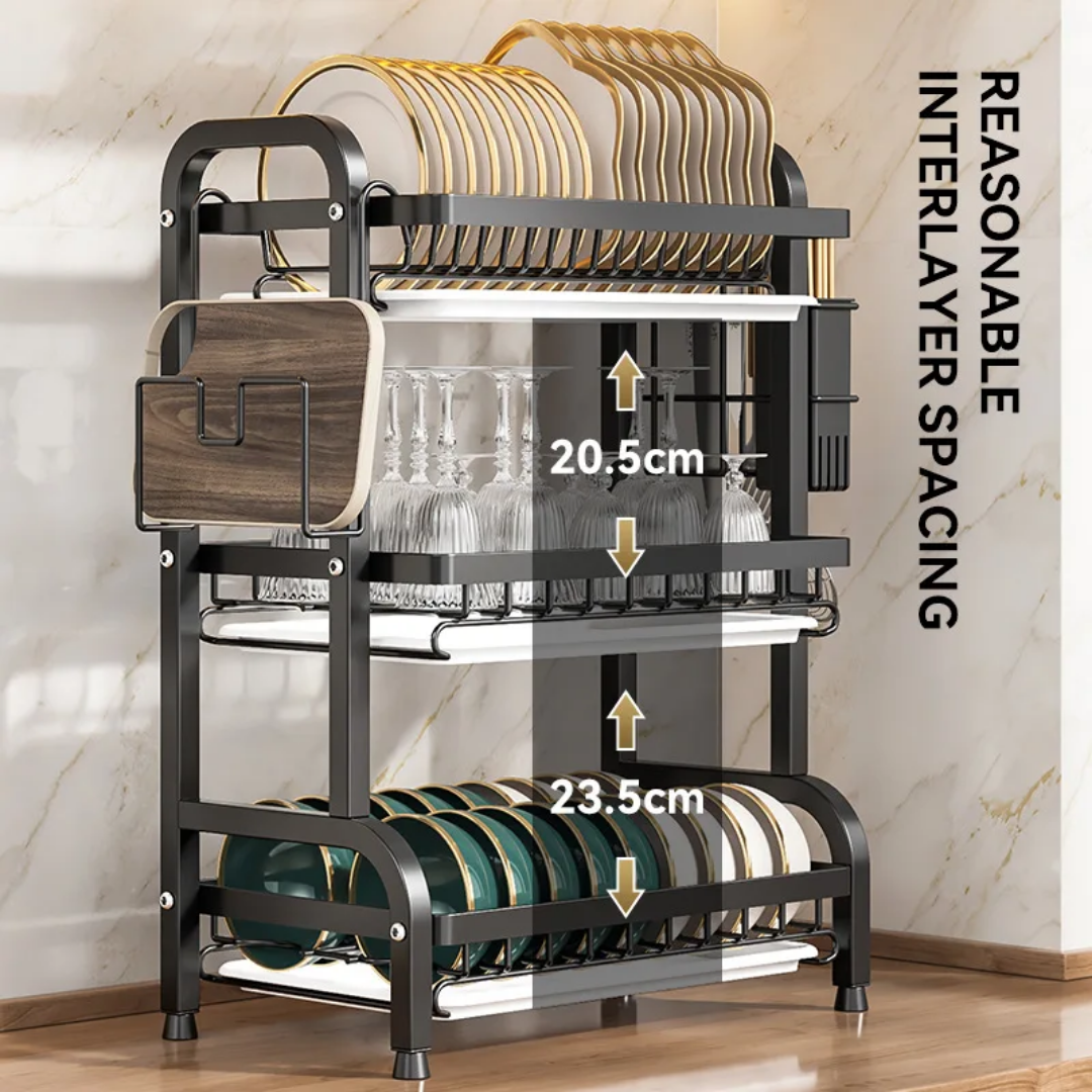 Kitchen Dish Rack 3 Tier- Dish Drying Rack utensils holder, cutting board holder, draining board with carbon steel