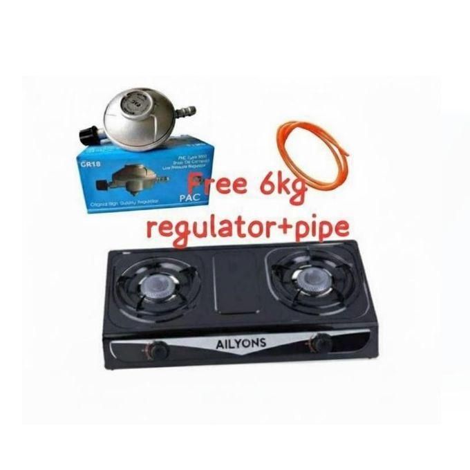 AILYONS Table Top Stainless Steel 2 Burner Gas Cooker Plus 6kg Regulator,1.5m Pipe And Free Tightening Clips