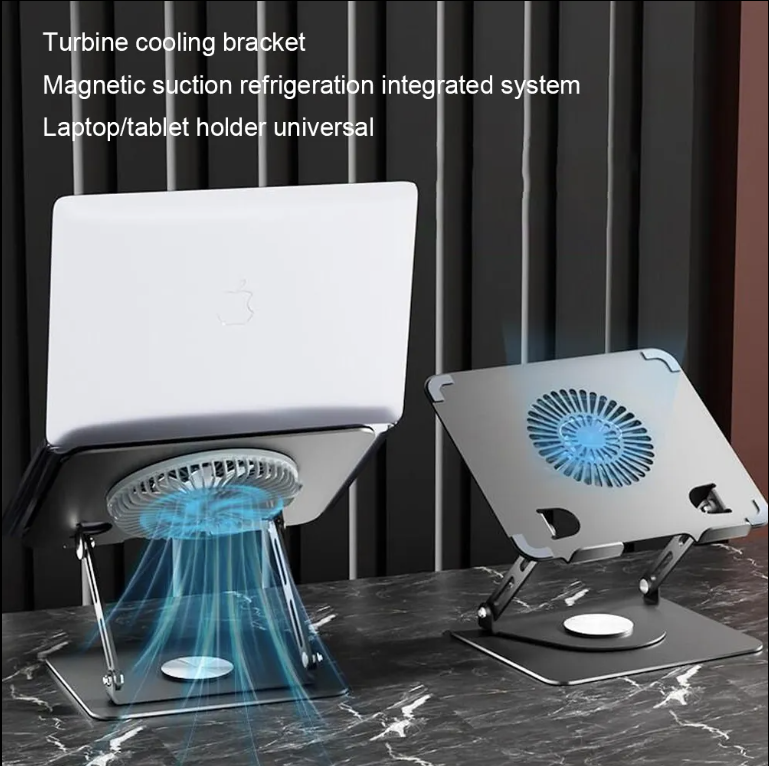 Ergonomic Aluminum Alloy Laptop Stand With Fan Adjustable Laptop Cooling Holder 360 Degree Rotation Base - Silver