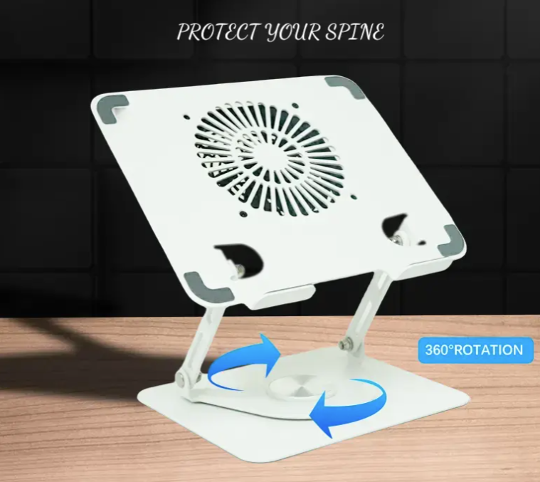 Ergonomic Aluminum Alloy Laptop Stand With Fan Adjustable Laptop Cooling Holder 360 Degree Rotation Base - Silver
