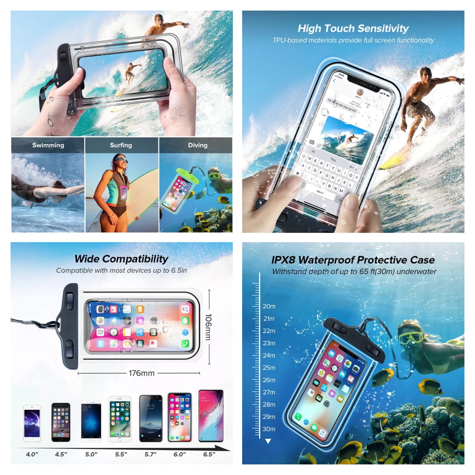 Waterproof protective phone case ,touch screen sensitive . Air-touch patent technology enables touch screens up to 10 meters underwater, suitable for underwater photography, diving.