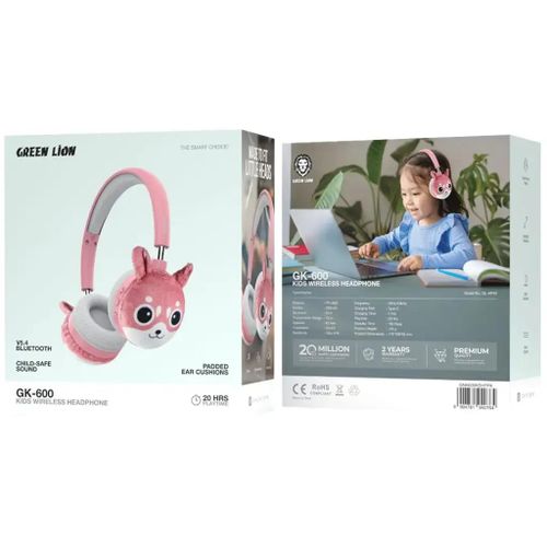 Green Lion GK-600 Kids original bluetooth Wireless Headphone with padded ear cushions and 20 hrs playtime - PINK