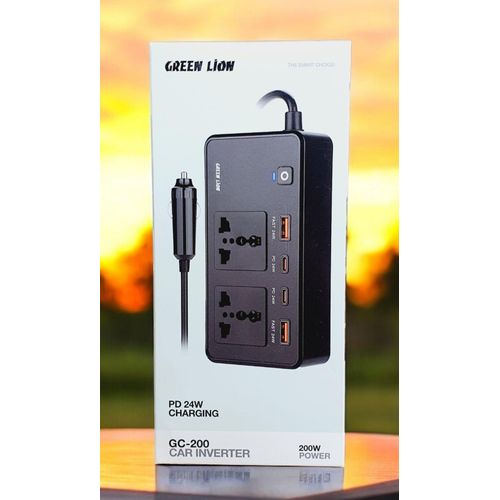 Green Lion Car Power Inverter 200W, 2×AC Universal Sockets, 2×USB-A & 2×USB-C Ports, PD 24W, QC 3.0 Charging, Durable Flame Retardant Material, Fast Charge Car Charger for Laptop, iPhone, Tablet