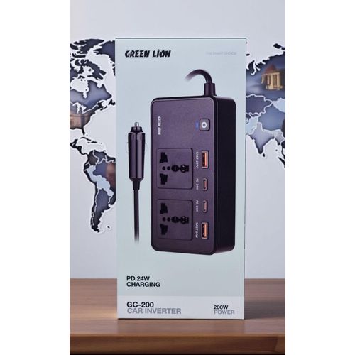 Green Lion Car Power Inverter 200W, 2×AC Universal Sockets, 2×USB-A & 2×USB-C Ports, PD 24W, QC 3.0 Charging, Durable Flame Retardant Material, Fast Charge Car Charger for Laptop, iPhone, Tablet