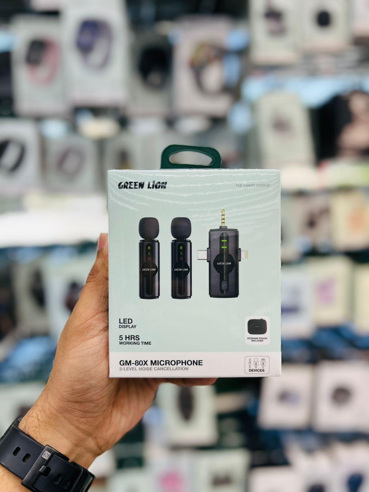 Green Lion GM-80X Dual Microphone 3 In 1, LED Display, 3 Level Noise Cancelation, 20M Transmission Range, 5H Battery Life, 65mAh Mic Battery, Ultra Low Latency, Lightning Head/USB-A/USB-C Supported