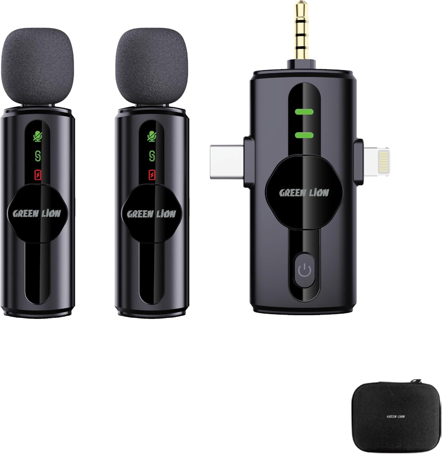 Green Lion GM-80X Dual Microphone 3 In 1, LED Display, 3 Level Noise Cancelation, 20M Transmission Range, 5H Battery Life, 65mAh Mic Battery, Ultra Low Latency, Lightning Head/USB-A/USB-C Supported