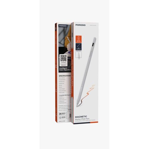 Porodo Smart Stylus Pen for Apple iPad (2018-2025), Magnetic Pencil with Palm Rejection and Tilt Sensitivity for Precision Drawing, Writing, and Note-Taking on iPad Pro/Air/Mini - White