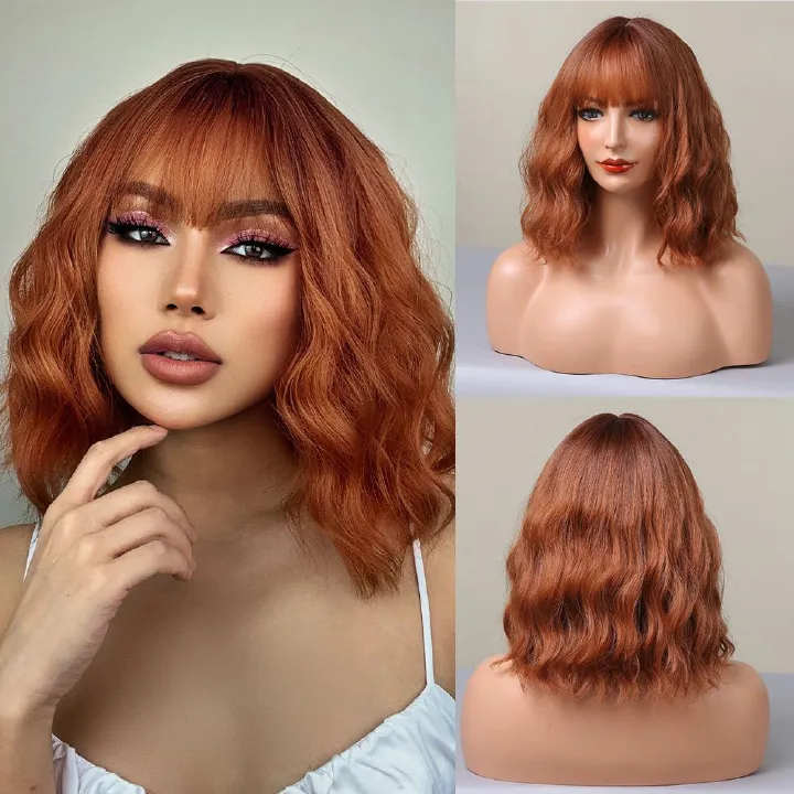 Natural Wavy Pastel Pink Wig Colorful Wigs With Air Bangs Short Bob Wigs Women's Shoulder Length Wigs Curly Wavy Synthetic Cosplay Wig Bob Wig for Girls