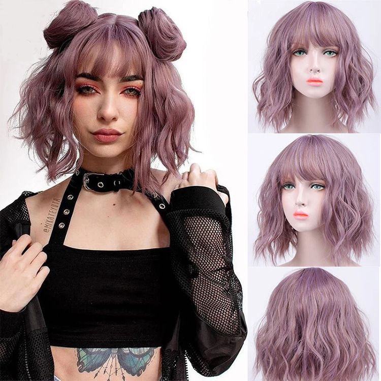 Natural Wavy Pastel Pink Wig Colorful Wigs With Air Bangs Short Bob Wigs Women's Shoulder Length Wigs Curly Wavy Synthetic Cosplay Wig Bob Wig for Girls