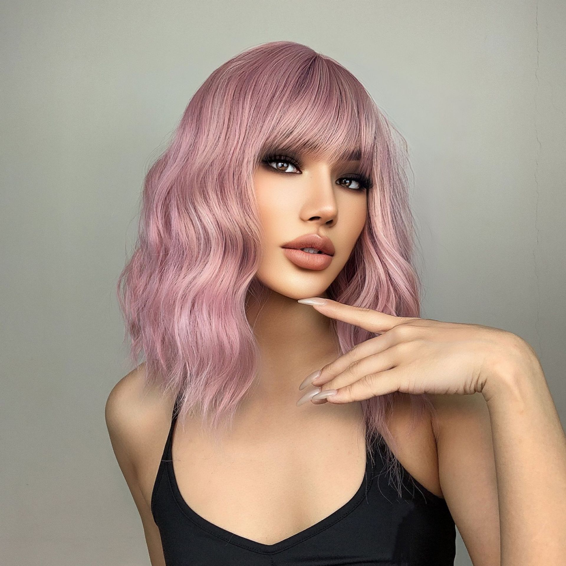 Natural Wavy Pastel Pink Wig Colorful Wigs With Air Bangs Short Bob Wigs Women's Shoulder Length Wigs Curly Wavy Synthetic Cosplay Wig Bob Wig for Girls