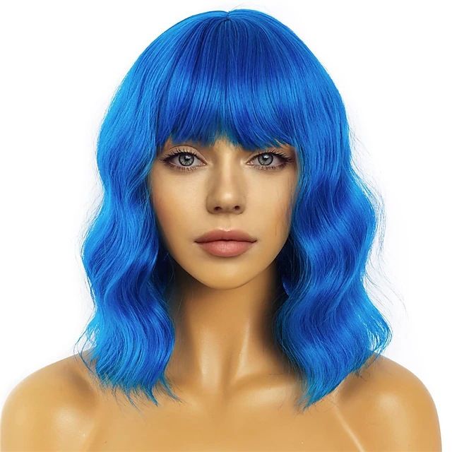 Natural Wavy Pastel Pink Wig Colorful Wigs With Air Bangs Short Bob Wigs Women's Shoulder Length Wigs Curly Wavy Synthetic Cosplay Wig Bob Wig for Girls
