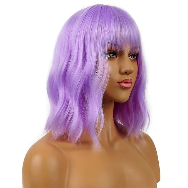 Natural Wavy Pastel Pink Wig Colorful Wigs With Air Bangs Short Bob Wigs Women's Shoulder Length Wigs Curly Wavy Synthetic Cosplay Wig Bob Wig for Girls