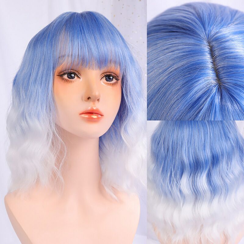 Natural Wavy Pastel Pink Wig Colorful Wigs With Air Bangs Short Bob Wigs Women's Shoulder Length Wigs Curly Wavy Synthetic Cosplay Wig Bob Wig for Girls