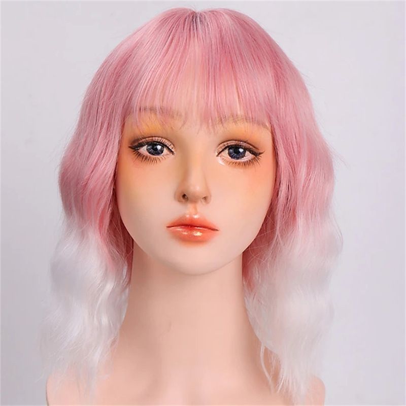 Natural Wavy Pastel Pink Wig Colorful Wigs With Air Bangs Short Bob Wigs Women's Shoulder Length Wigs Curly Wavy Synthetic Cosplay Wig Bob Wig for Girls