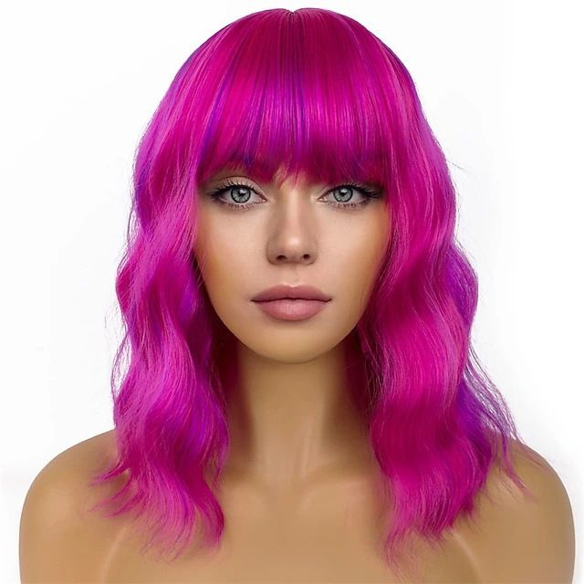 Natural Wavy Pastel Pink Wig Colorful Wigs With Air Bangs Short Bob Wigs Women's Shoulder Length Wigs Curly Wavy Synthetic Cosplay Wig Bob Wig for Girls