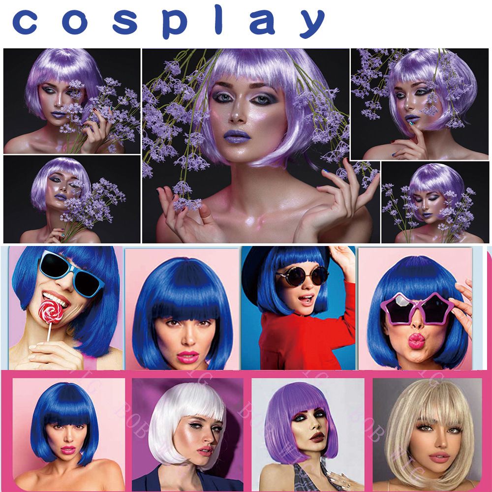 Short Bob Wig with bangs Cosplay Synthetic Hair for White Black Women Short Bob Cosplay Flapper Wig-Straight Synthetic Women's Natural Looking Halloween Party Christmas Bangs Costume Wigs