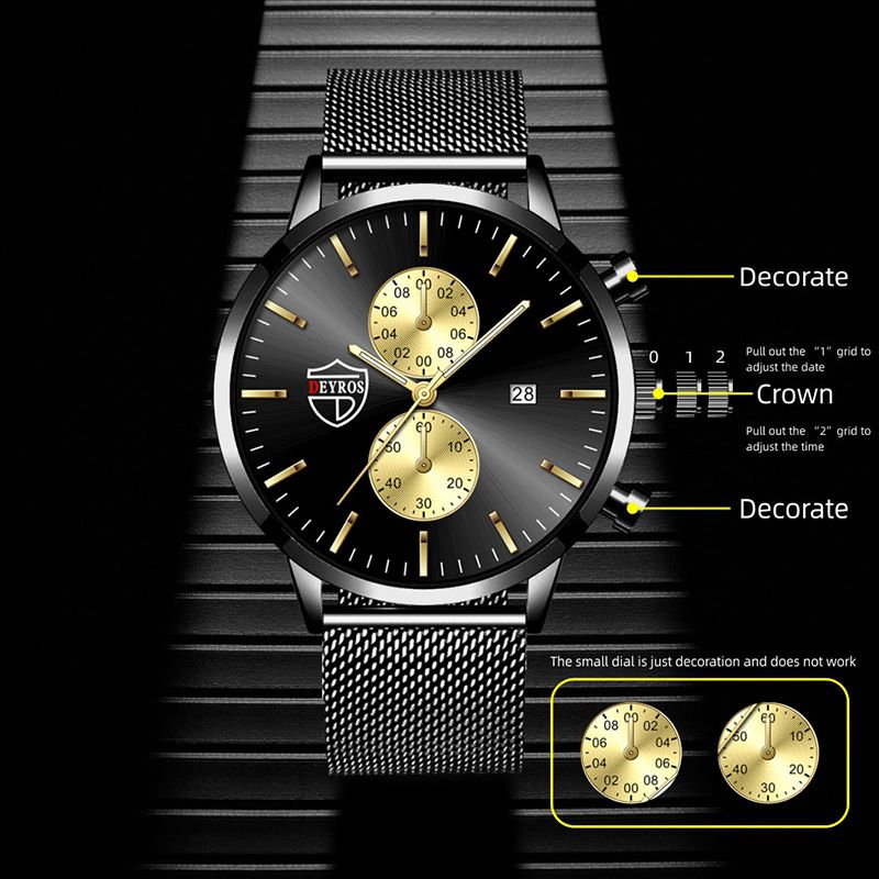 DEYROS Fashion Business Mens Watches with Stainless Steel Chronograph Quartz Watch for Men, Auto Date Mens Watch Fashion Sleek Minimalist Quartz Analog Mesh