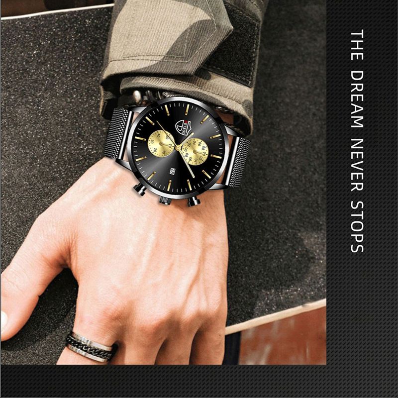 DEYROS Fashion Business Mens Watches with Stainless Steel Chronograph Quartz Watch for Men, Auto Date Mens Watch Fashion Sleek Minimalist Quartz Analog Mesh
