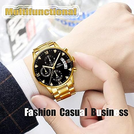 DREAMING Q&P Men's Watches Luxury Fashion Casual Dress Chronograph Waterproof Military Quartz Wristwatches for Men Stainless Steel Band Gold Black