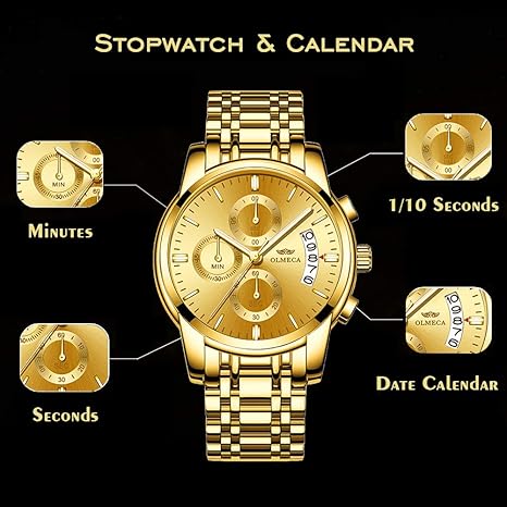 DREAMING Q&P Men's Watches Luxury Fashion Casual Dress Chronograph Waterproof Military Quartz Wristwatches for Men Stainless Steel Band Gold Black