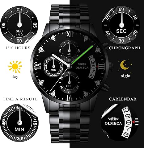 DREAMING Q&P Men's Watches Luxury Fashion Casual Dress Chronograph Waterproof Military Quartz Wristwatches for Men Stainless Steel Band Gold Black