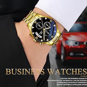 DREAMING Q&P Men's Watches Luxury Fashion Casual Dress Chronograph Waterproof Military Quartz Wristwatches for Men Stainless Steel Band Gold Black