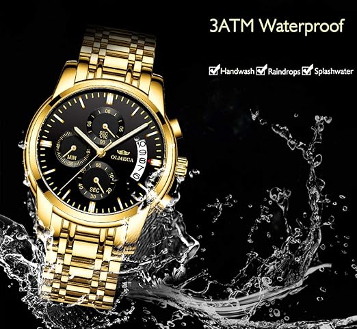 DREAMING Q&P Men's Watches Luxury Fashion Casual Dress Chronograph Waterproof Military Quartz Wristwatches for Men Stainless Steel Band Gold Black