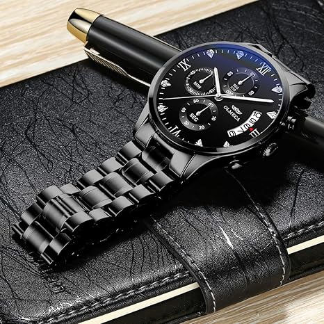 DREAMING Q&P Men's Watches Luxury Fashion Casual Dress Chronograph Waterproof Military Quartz Wristwatches for Men Stainless Steel Band Gold Black