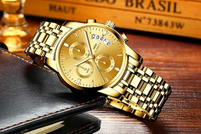 DREAMING Q&P Men's Watches Luxury Fashion Casual Dress Chronograph Waterproof Military Quartz Wristwatches for Men Stainless Steel Band Gold Black