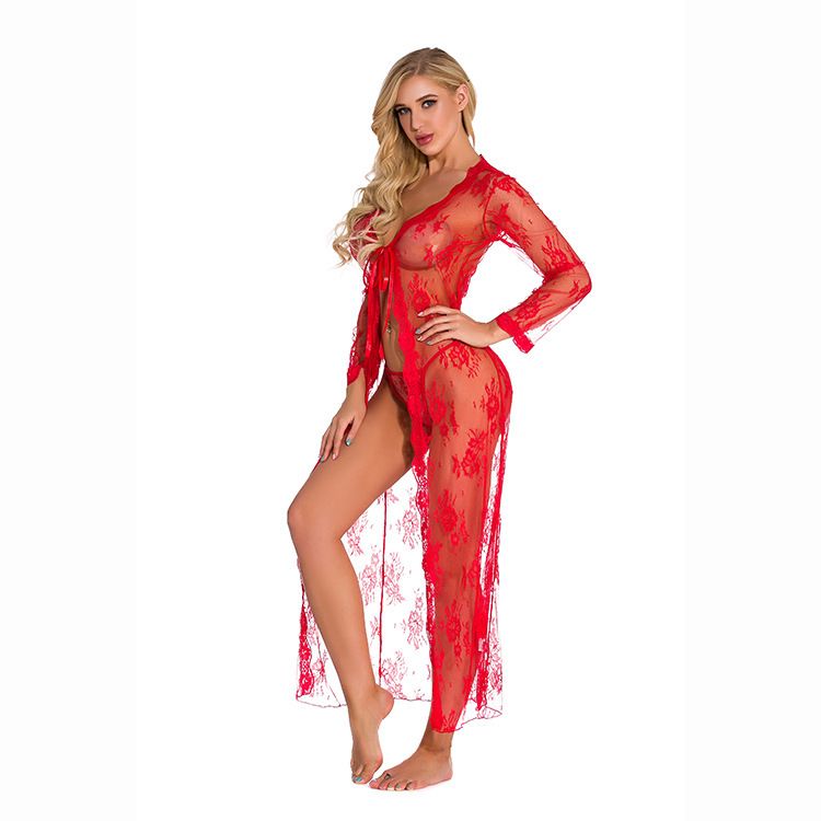 Sexy Lace Robe for Women Lingerie Bridal Lace Babydoll Lingerie Sheer Wedding Gown Deep V-Neck Split Front See-Through Maxi Lace Dress for Photography with Long Sleeve Nightwear Nightgown Mesh Dress