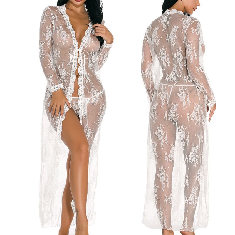 Sexy Lace Robe for Women Lingerie Bridal Lace Babydoll Lingerie Sheer Wedding Gown Deep V-Neck Split Front See-Through Maxi Lace Dress for Photography with Long Sleeve Nightwear Nightgown Mesh Dress