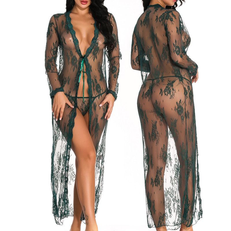Sexy Lace Robe for Women Lingerie Bridal Lace Babydoll Lingerie Sheer Wedding Gown Deep V-Neck Split Front See-Through Maxi Lace Dress for Photography with Long Sleeve Nightwear Nightgown Mesh Dress